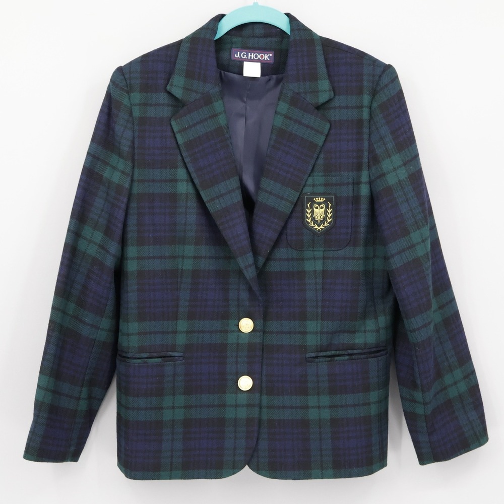 J.G. Hook Plaid Wool Blazer Women 12P Blue Tartan Preppy Academia Old Money Twee